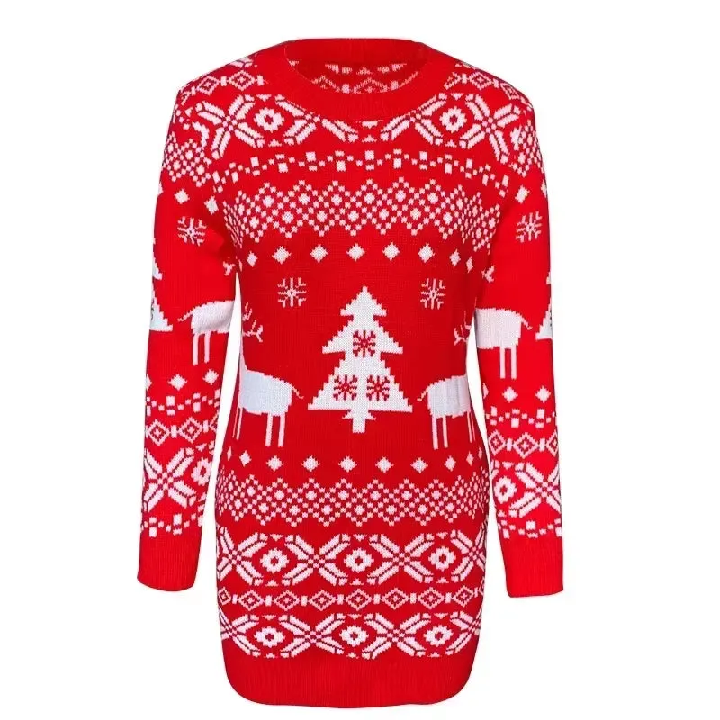 2024 Winter Christmas Costumes Women'S Knitted Dress Jacquard Print Pullover Tops Full Sleeve Warm Soft Sweater Dresses Vestidos