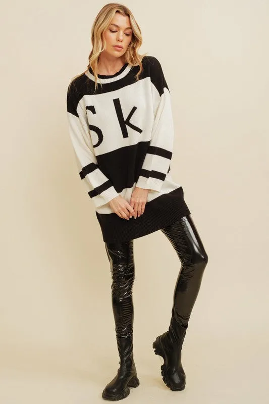 Black/Cream "SKI" Print Long Sleeve Knit Sweater Dress