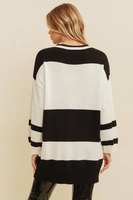 Black/Cream "SKI" Print Long Sleeve Knit Sweater Dress