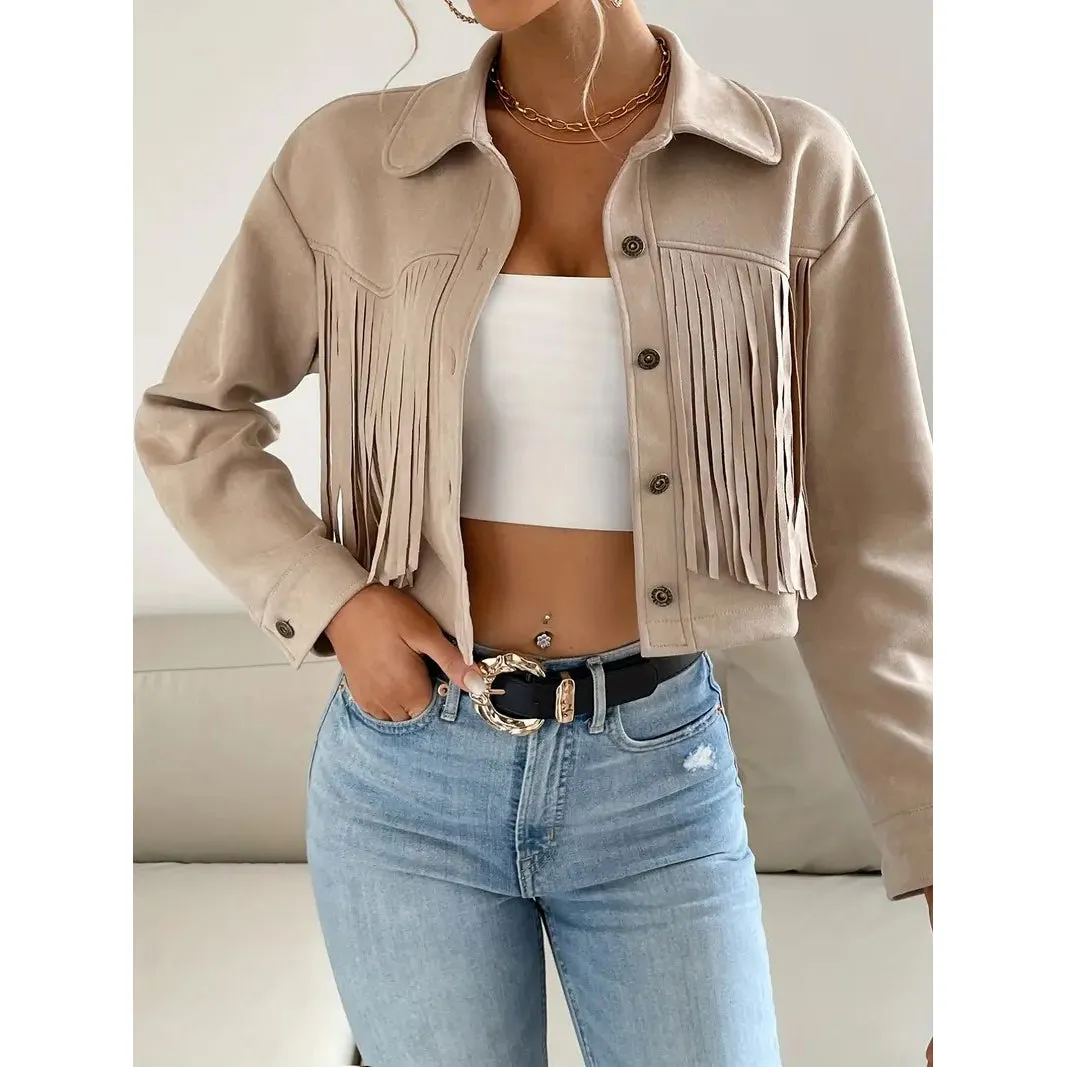 Button Tassel Solid Drop Shoulder Jacket Casual Long Sleeve Crop Jacket For Spring and Fall Womens Clothing