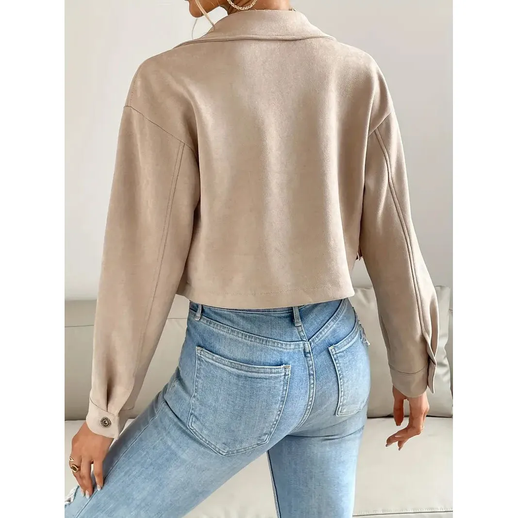 Button Tassel Solid Drop Shoulder Jacket Casual Long Sleeve Crop Jacket For Spring and Fall Womens Clothing