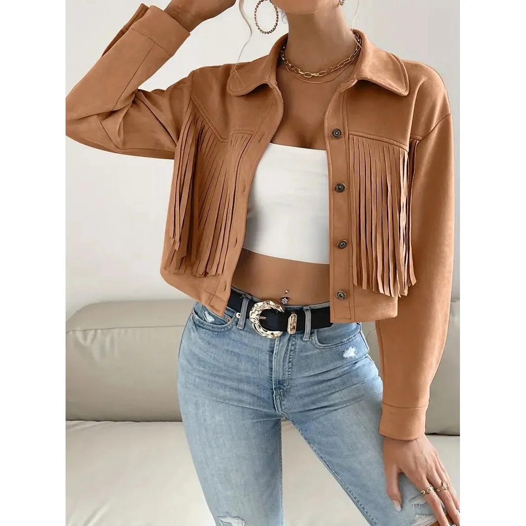 Button Tassel Solid Drop Shoulder Jacket Casual Long Sleeve Crop Jacket For Spring and Fall Womens Clothing
