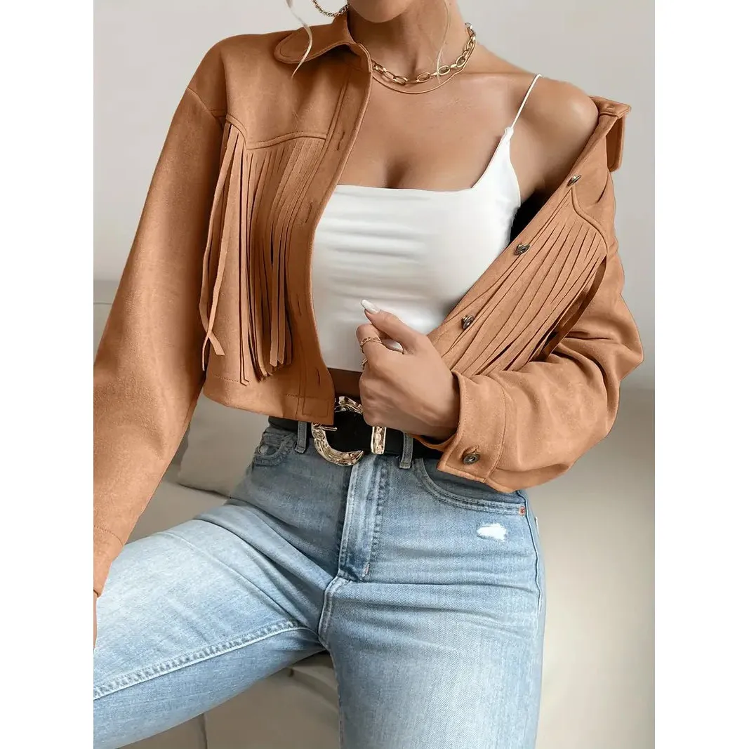 Button Tassel Solid Drop Shoulder Jacket Casual Long Sleeve Crop Jacket For Spring and Fall Womens Clothing