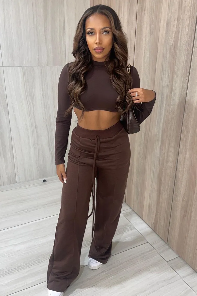 Chocolate Long Sleeve Underbust Crop Top - Tessa