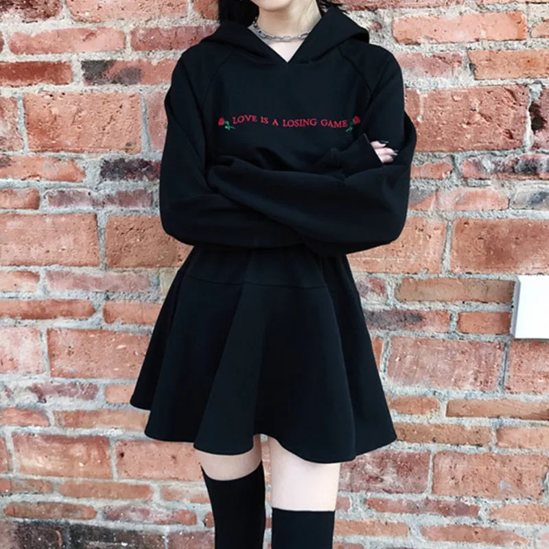 Dark Gothic Little Rose Embroidered Hooded Dress Sweater Hoodie Little Black Dress