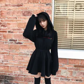 Dark Gothic Little Rose Embroidered Hooded Dress Sweater Hoodie Little Black Dress