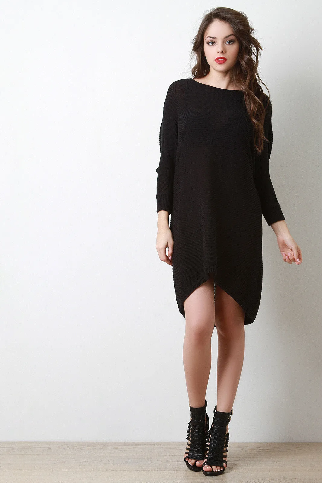 Dolman Sleeves High Low Shift Sweater Dress