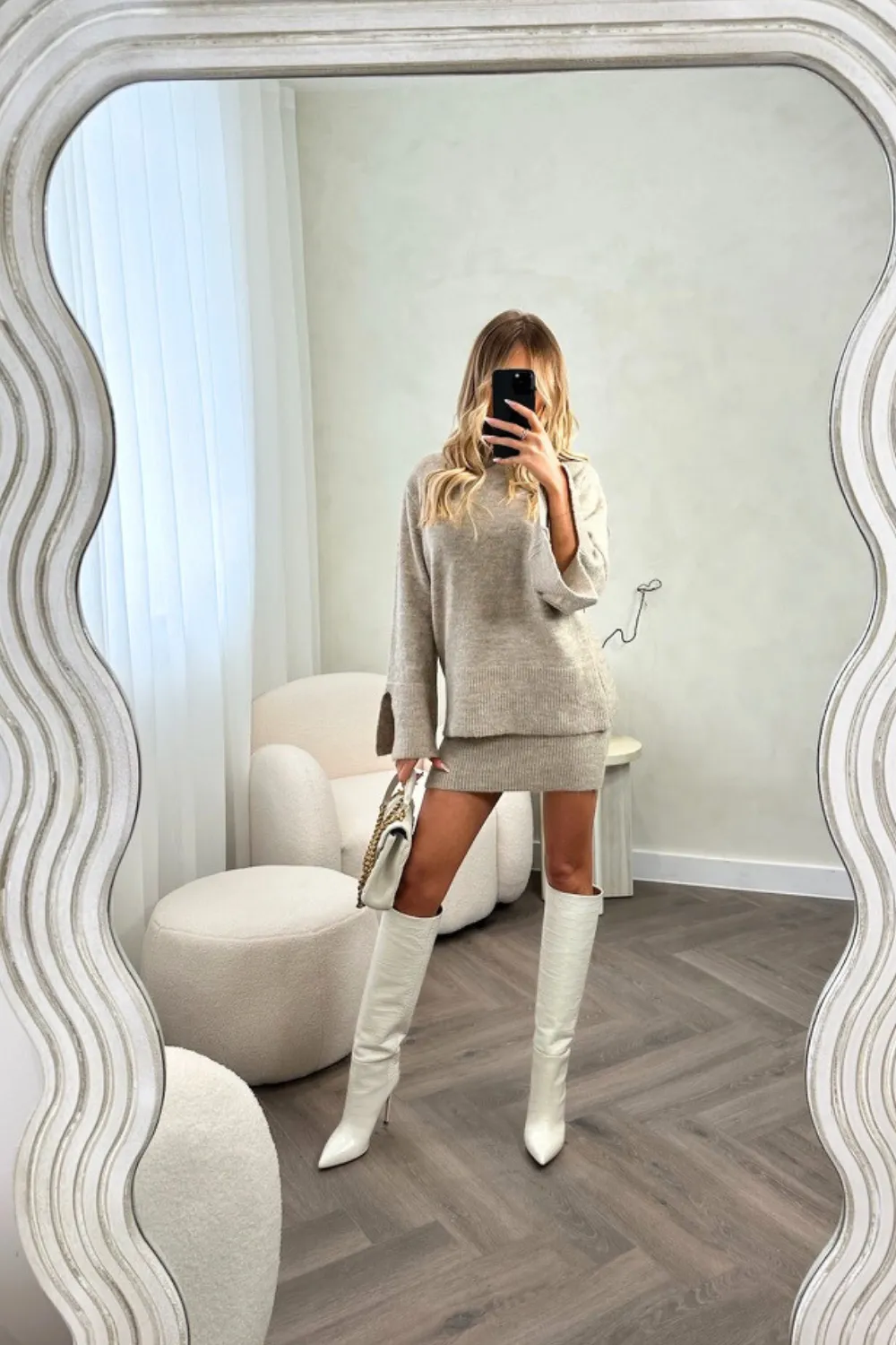 Holly beige high neck knit jumper and skirt co-ord