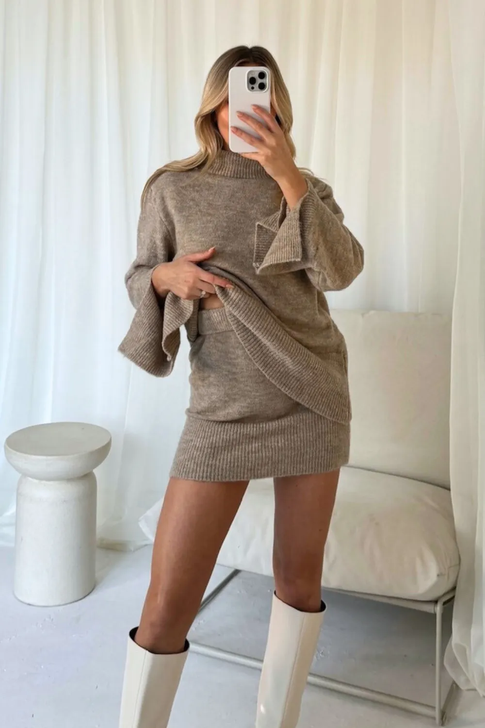 Holly beige high neck knit jumper and skirt co-ord