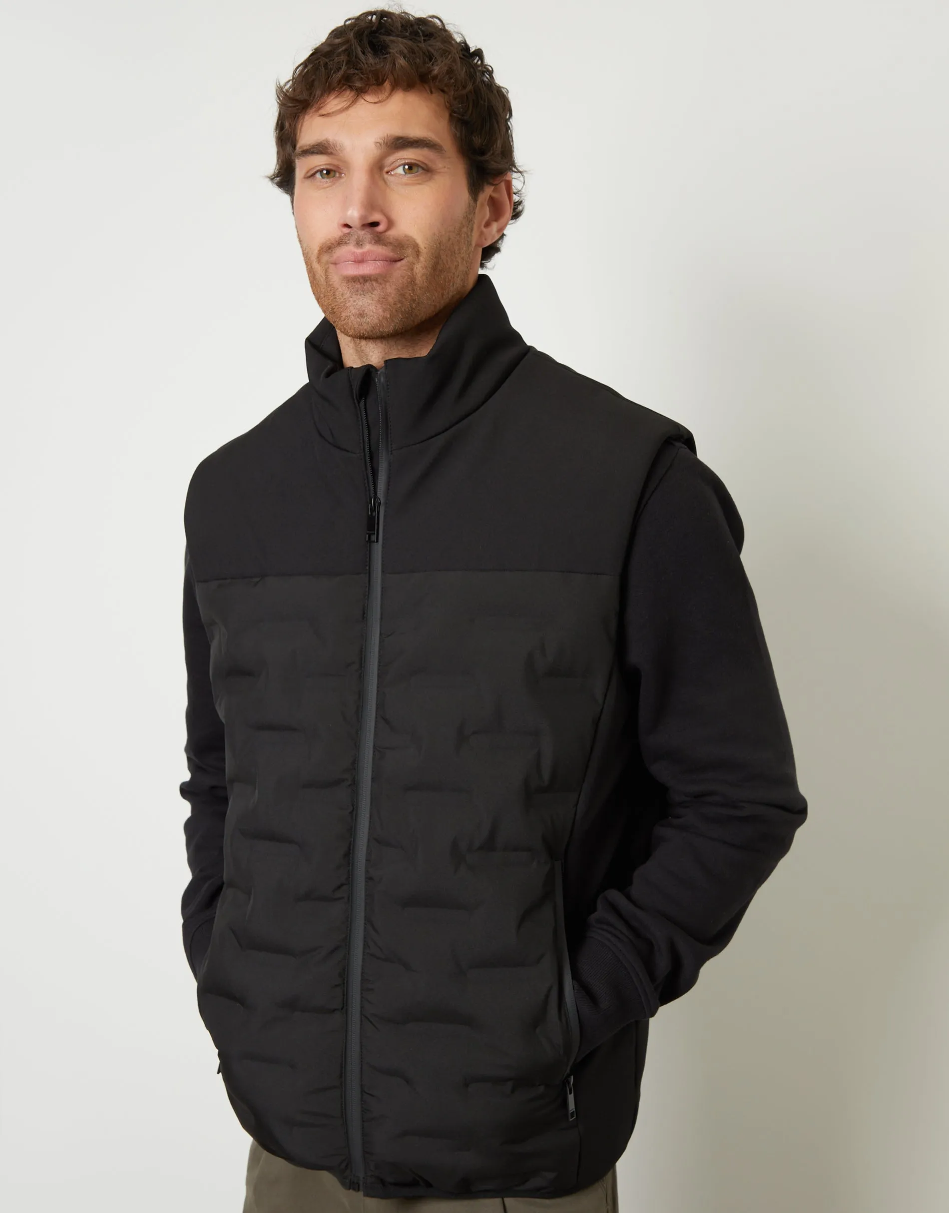 Men's Black Quilted Panel Funnel Neck Gilet