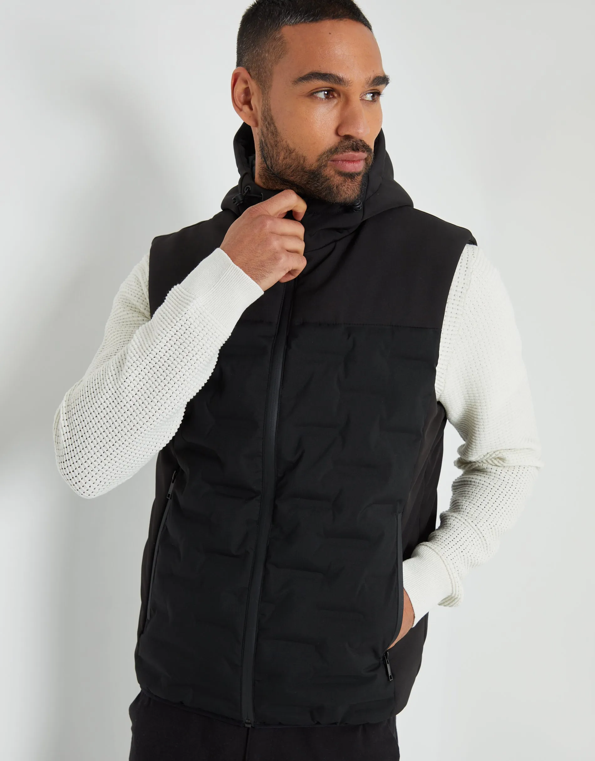 Men's Black Quilted Panel Hooded Gilet