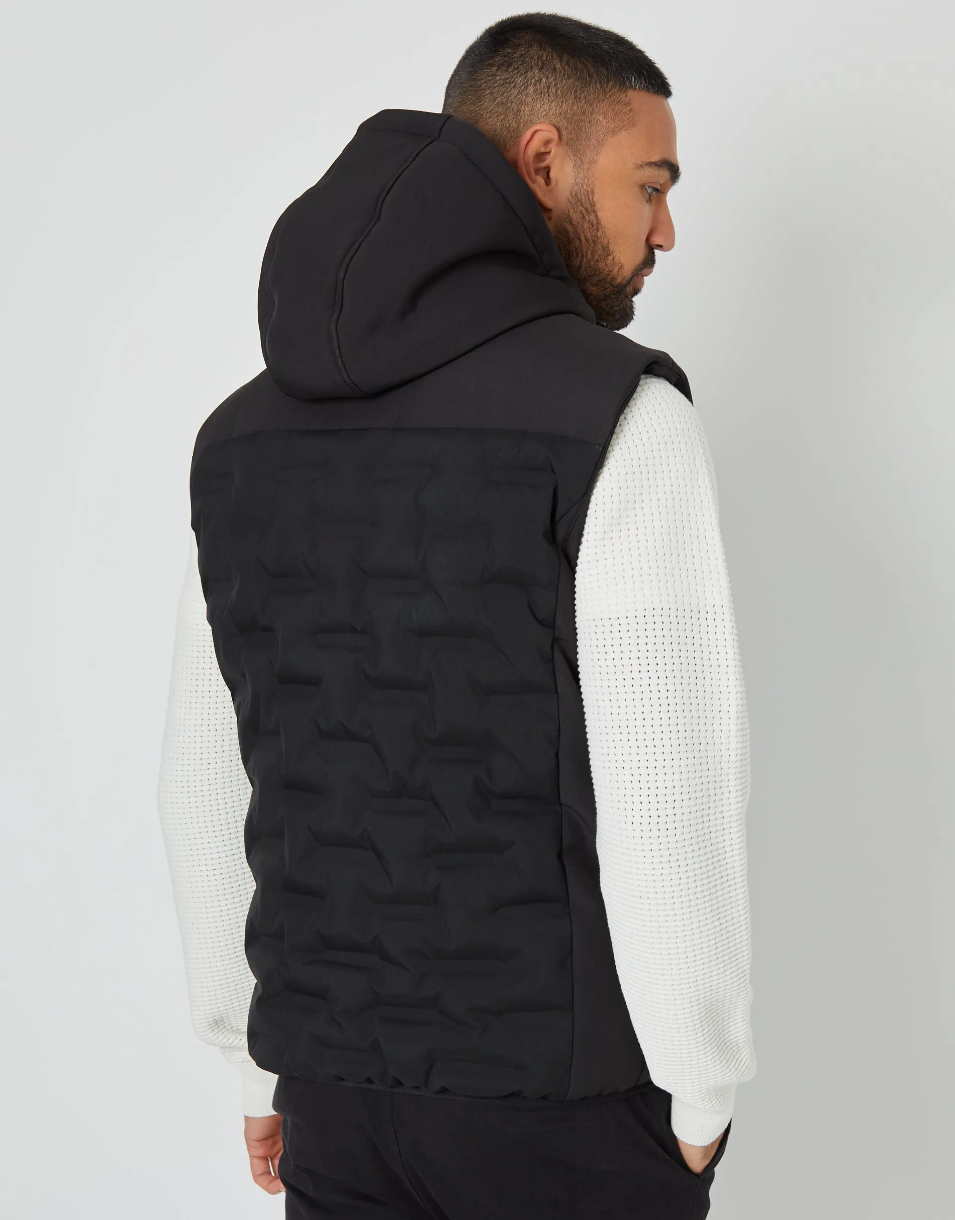 Men's Black Quilted Panel Hooded Gilet