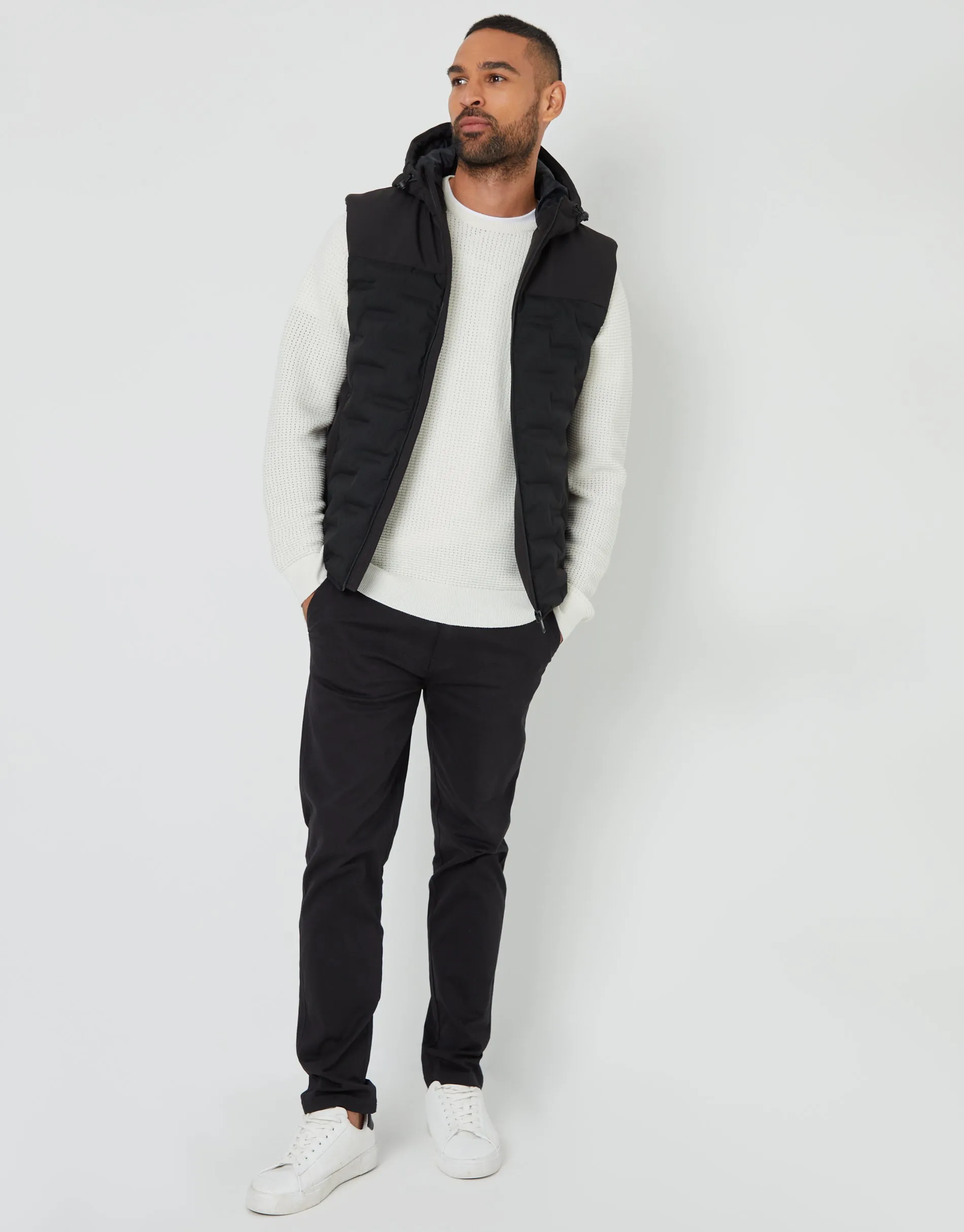 Men's Black Quilted Panel Hooded Gilet