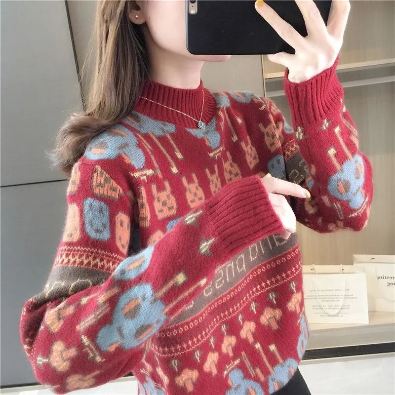 METAVERSMALL Autumn and winter explosion semi-turtleneck jacquard lazy wind long-sleeved loose sweater New foreign style with warm knitted sweater women