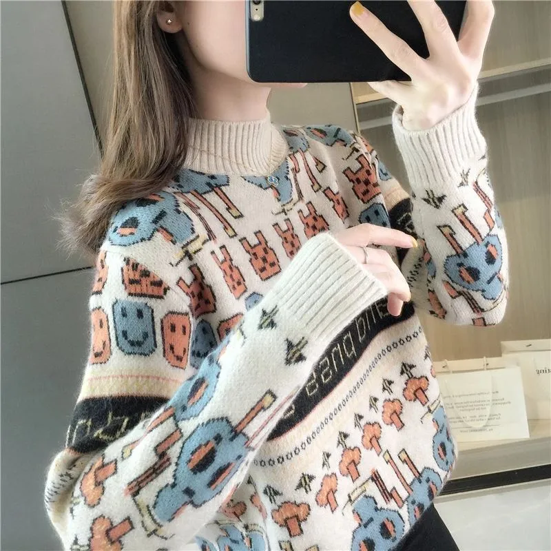 METAVERSMALL Autumn and winter explosion semi-turtleneck jacquard lazy wind long-sleeved loose sweater New foreign style with warm knitted sweater women