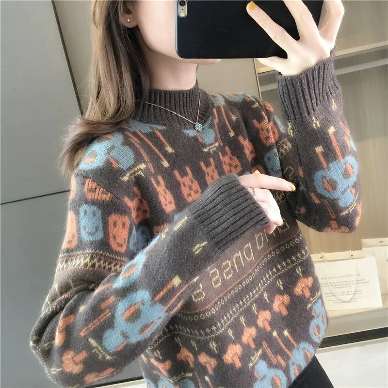 METAVERSMALL Autumn and winter explosion semi-turtleneck jacquard lazy wind long-sleeved loose sweater New foreign style with warm knitted sweater women