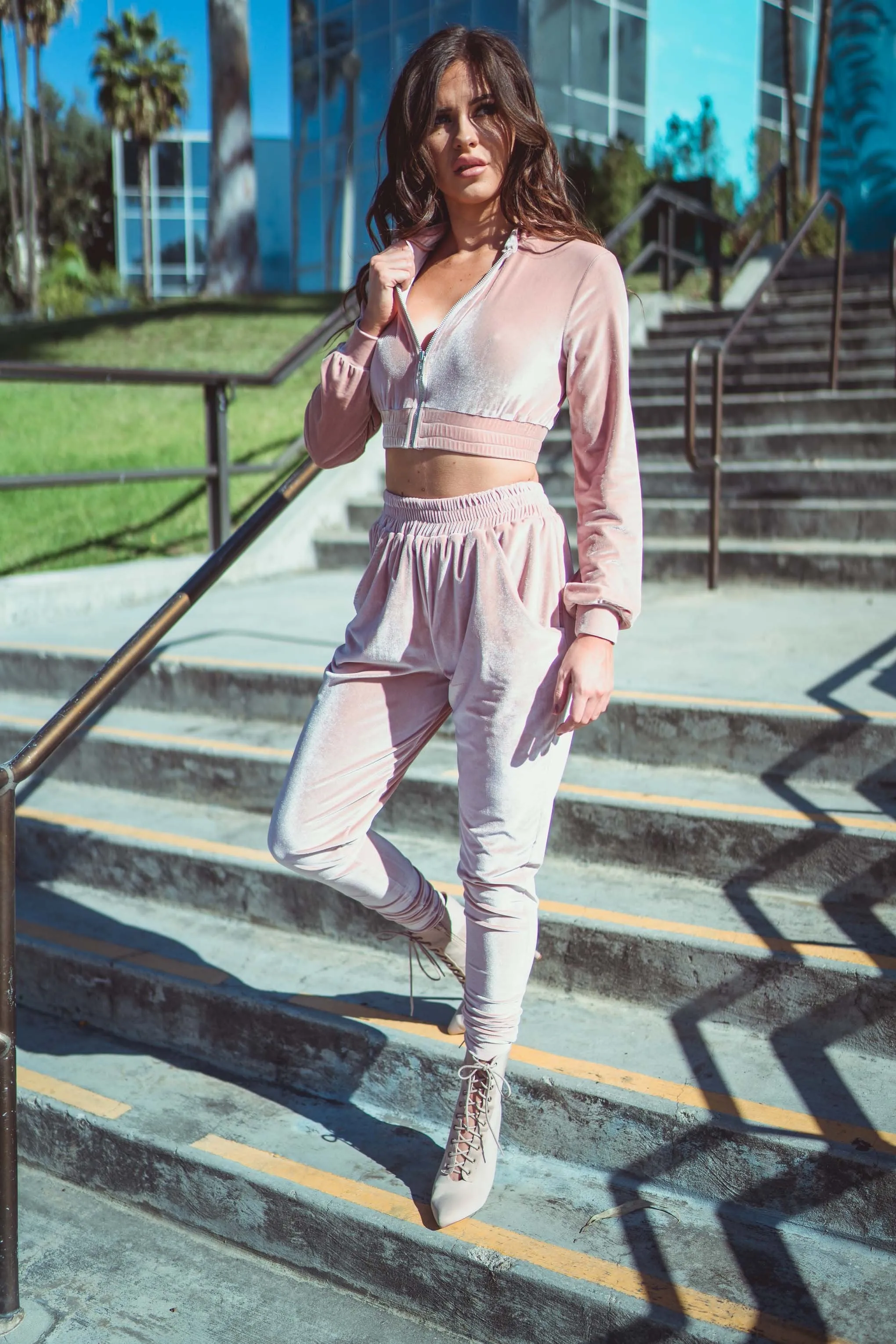 Pink Velour Co-Ord Tracksuit Set