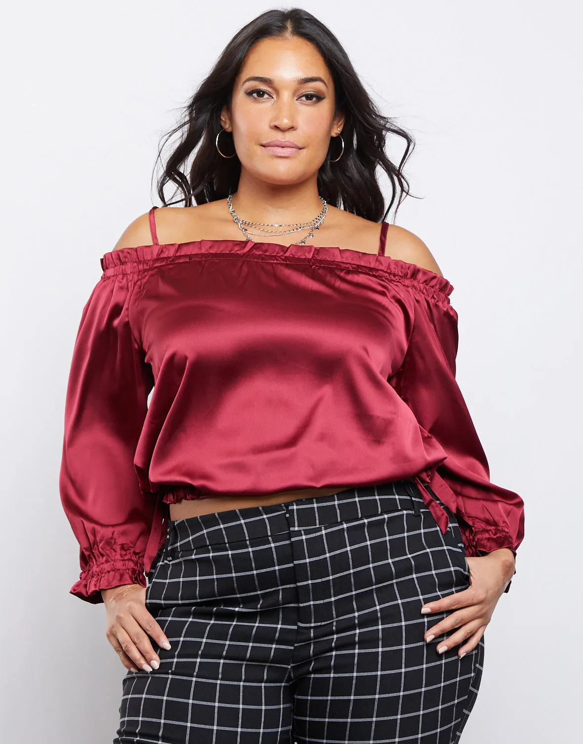 Plus Size Satin Ruffle Top