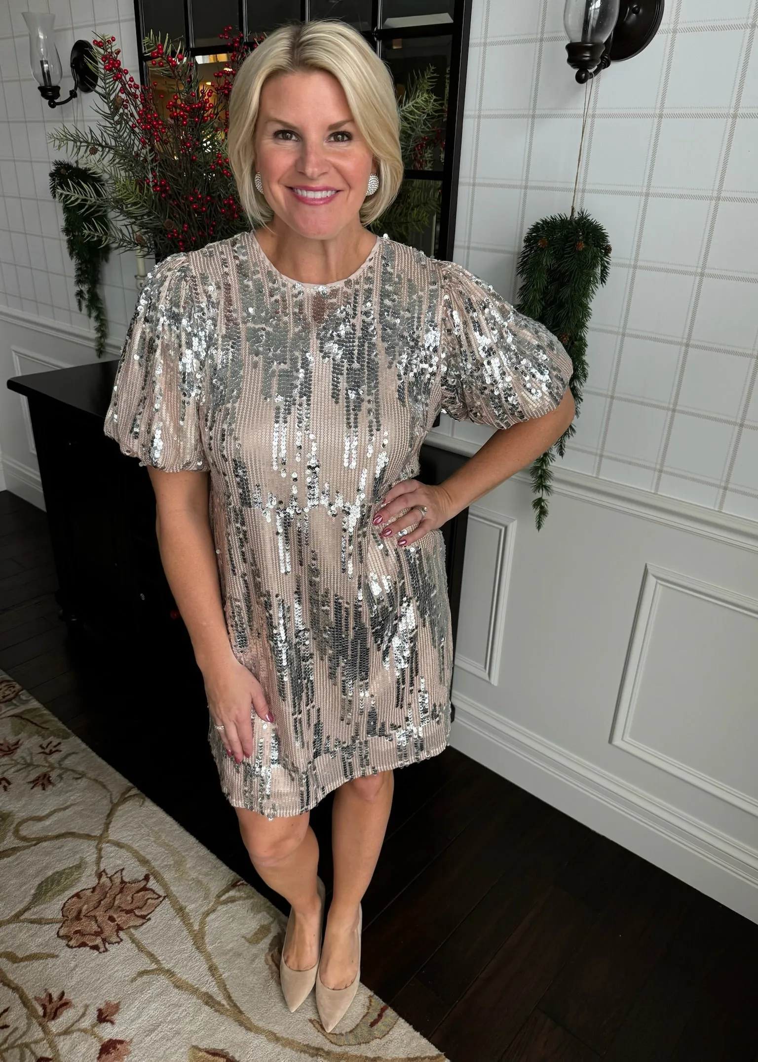 Puff Sleeve Champagne Sequin Dress