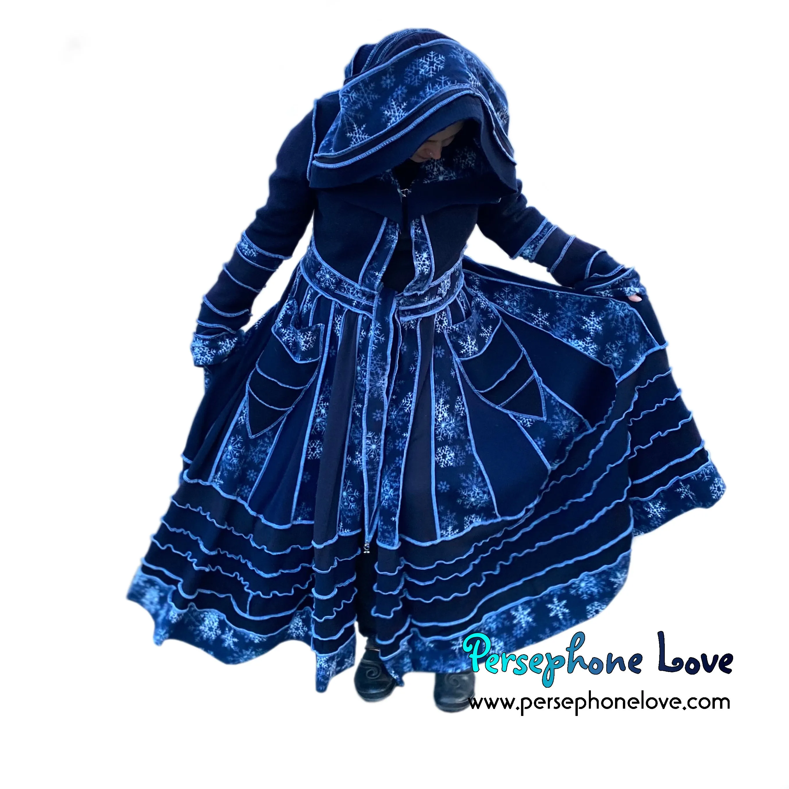 "Blue Fires" Snowflake needle-felted wool/cashmere Katwise-inspired sweatercoat-2508
