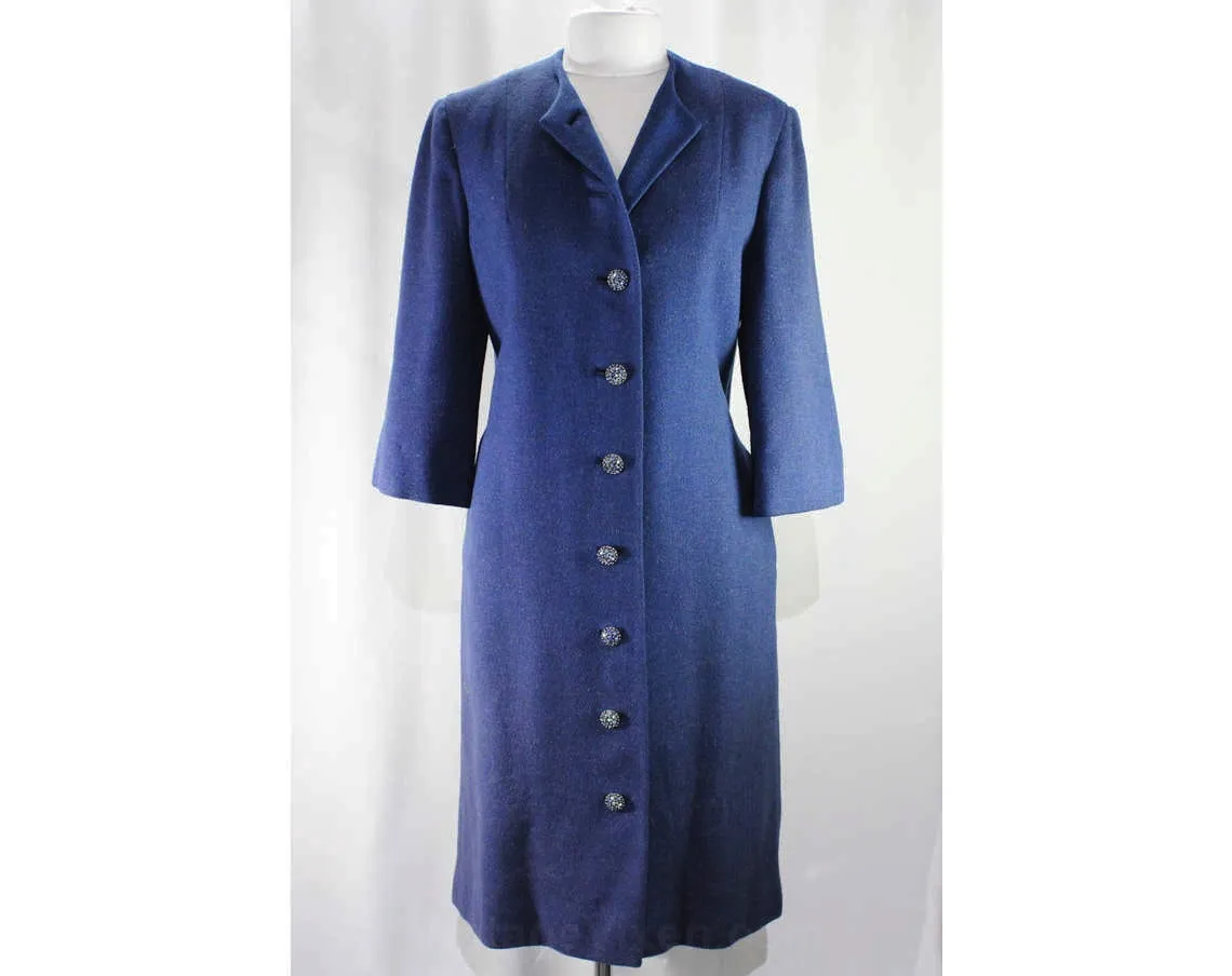 Size 14 Blue Coat with Rhinestone Buttons - Large 1950s Wool Tweed Ladies Overcoat - Flecked Texture - Elegant Mid Century - Bust 42