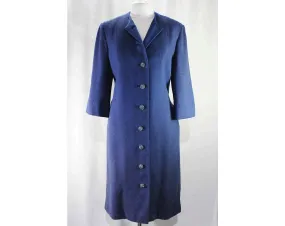 Size 14 Blue Coat with Rhinestone Buttons - Large 1950s Wool Tweed Ladies Overcoat - Flecked Texture - Elegant Mid Century - Bust 42