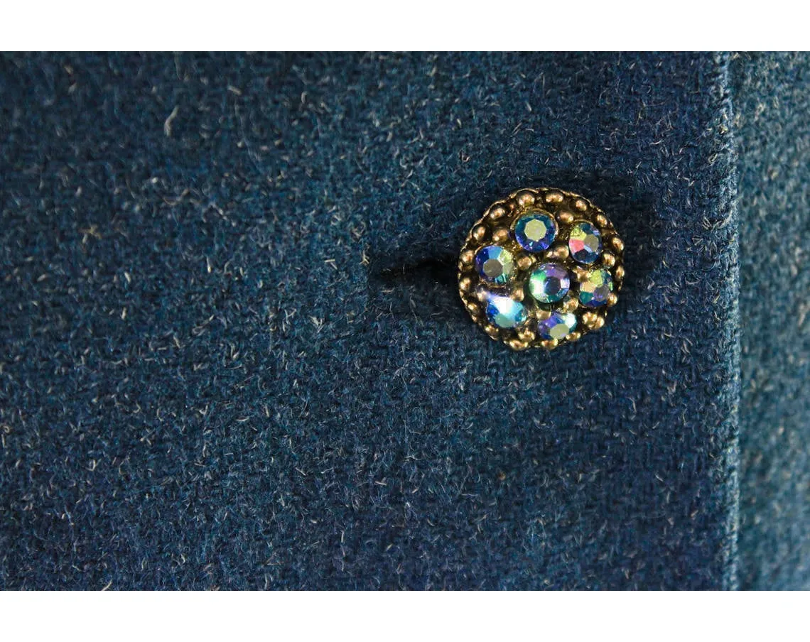 Size 14 Blue Coat with Rhinestone Buttons - Large 1950s Wool Tweed Ladies Overcoat - Flecked Texture - Elegant Mid Century - Bust 42