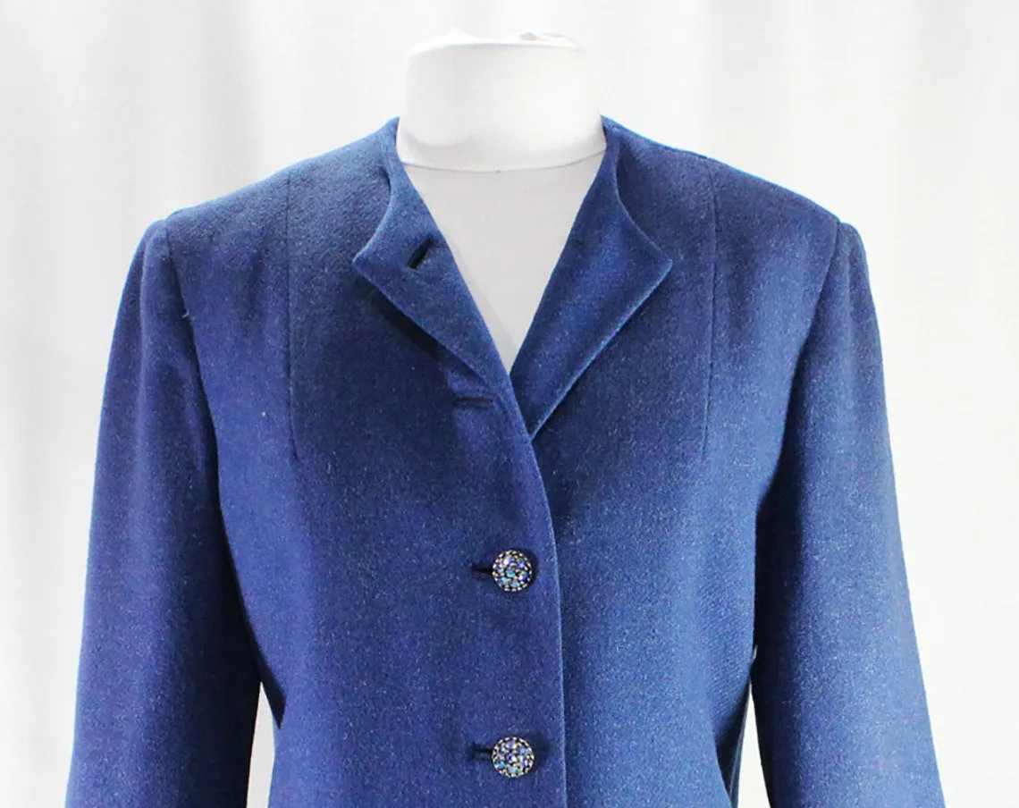 Size 14 Blue Coat with Rhinestone Buttons - Large 1950s Wool Tweed Ladies Overcoat - Flecked Texture - Elegant Mid Century - Bust 42