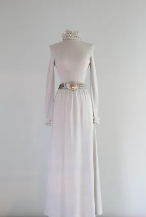 Sparkling 1970's Silver Lurex Knit Maxi Dress With Ruffle Collar / SM