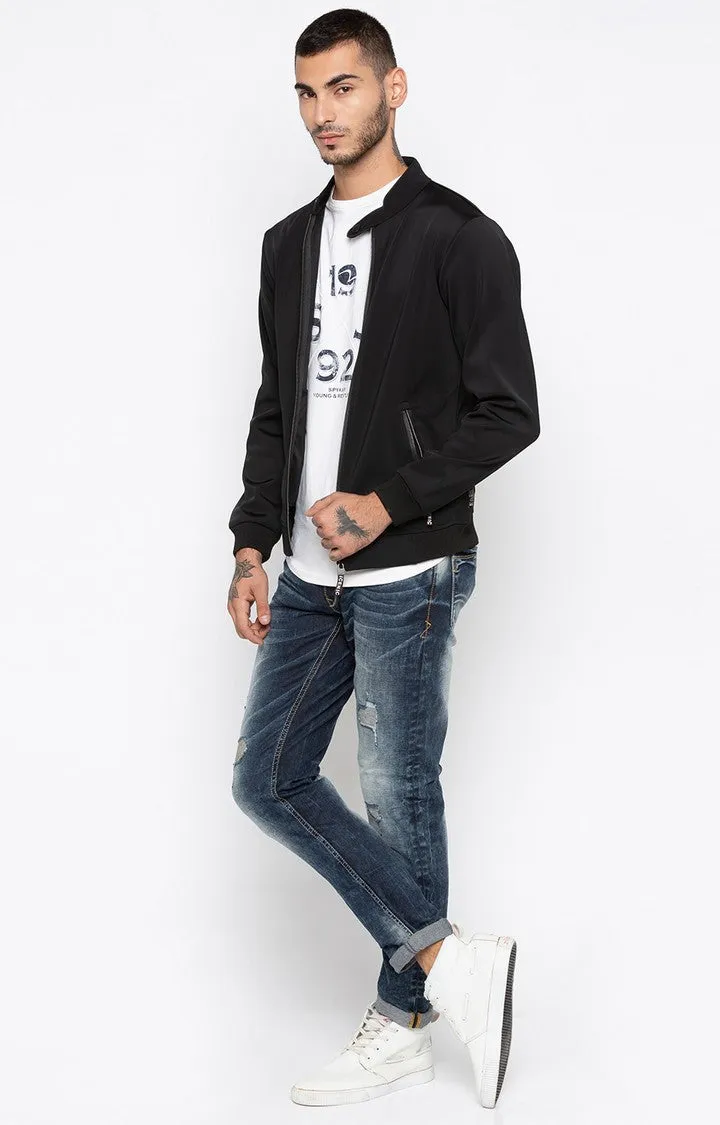 Spykar Men Black Solid Regular Fit Bomber Jacket
