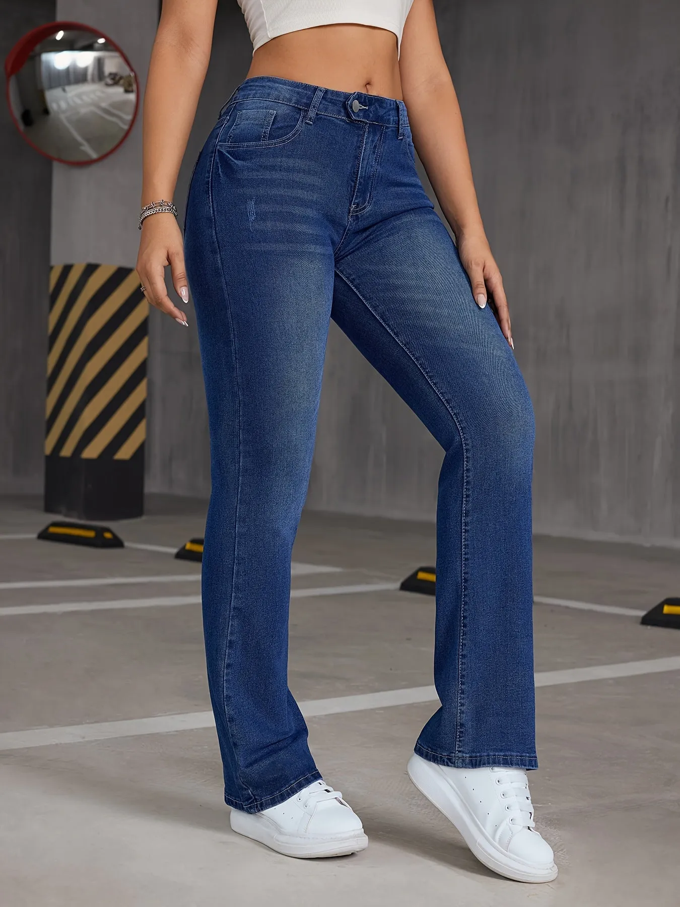 Stretchy Bootcut Jeans with Slant Pockets in Washed Blue