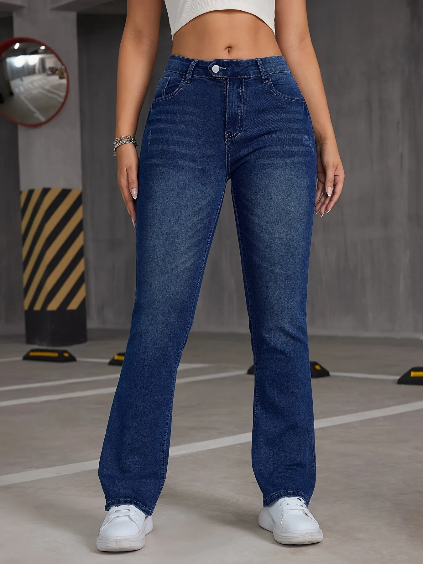 Stretchy Bootcut Jeans with Slant Pockets in Washed Blue