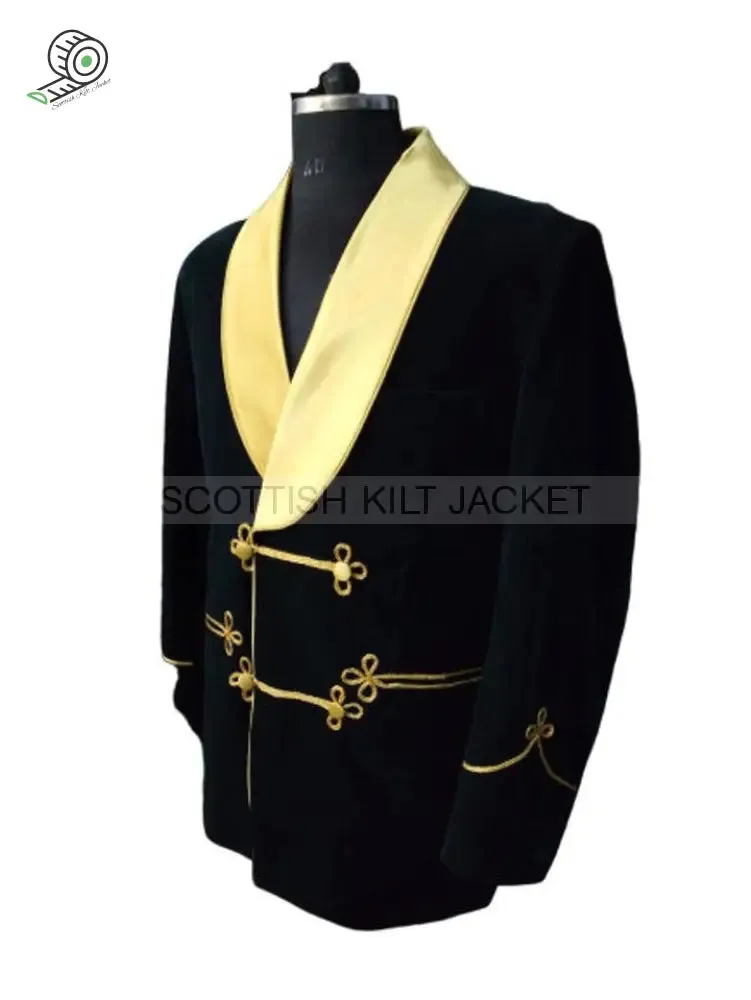 Stylish Green Velvet Coat with Gold Lapels