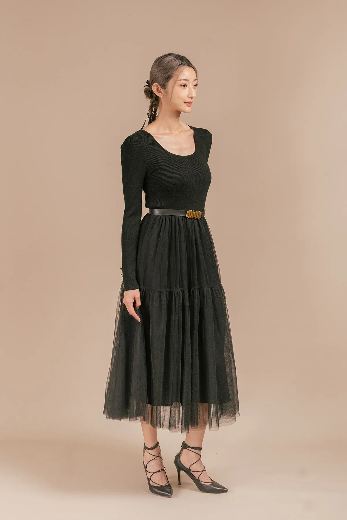 Tellitha Ribbed Tulle Belted Maxi Dress