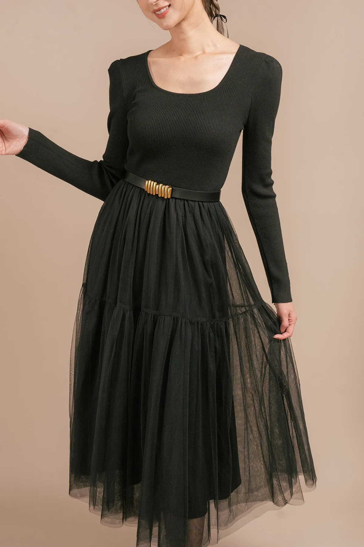 Tellitha Ribbed Tulle Belted Maxi Dress