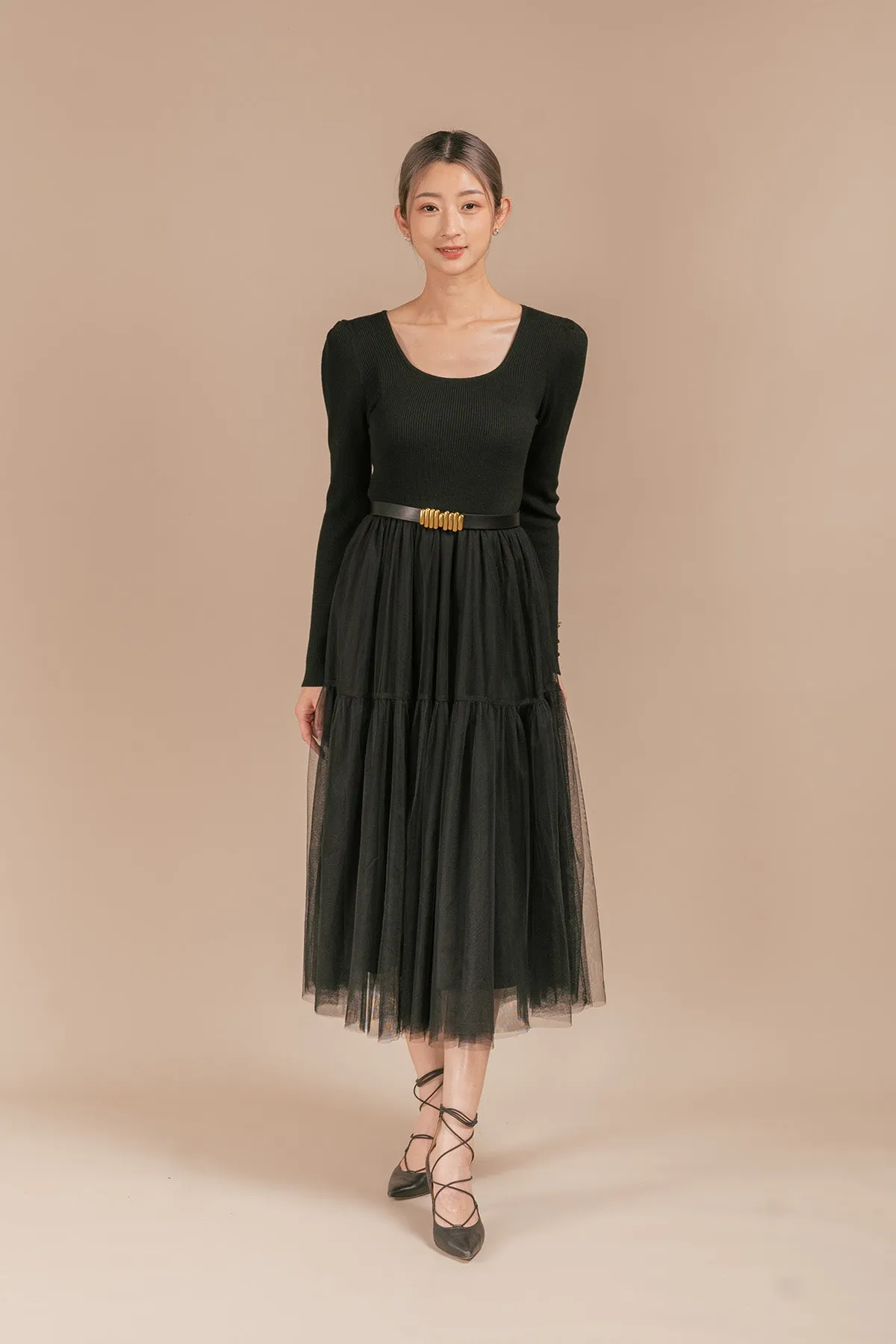 Tellitha Ribbed Tulle Belted Maxi Dress