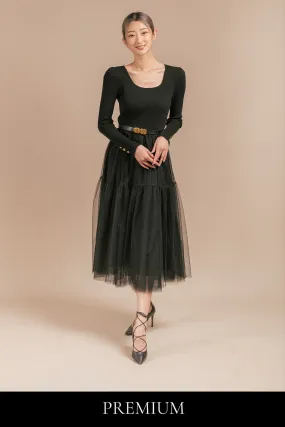 Tellitha Ribbed Tulle Belted Maxi Dress