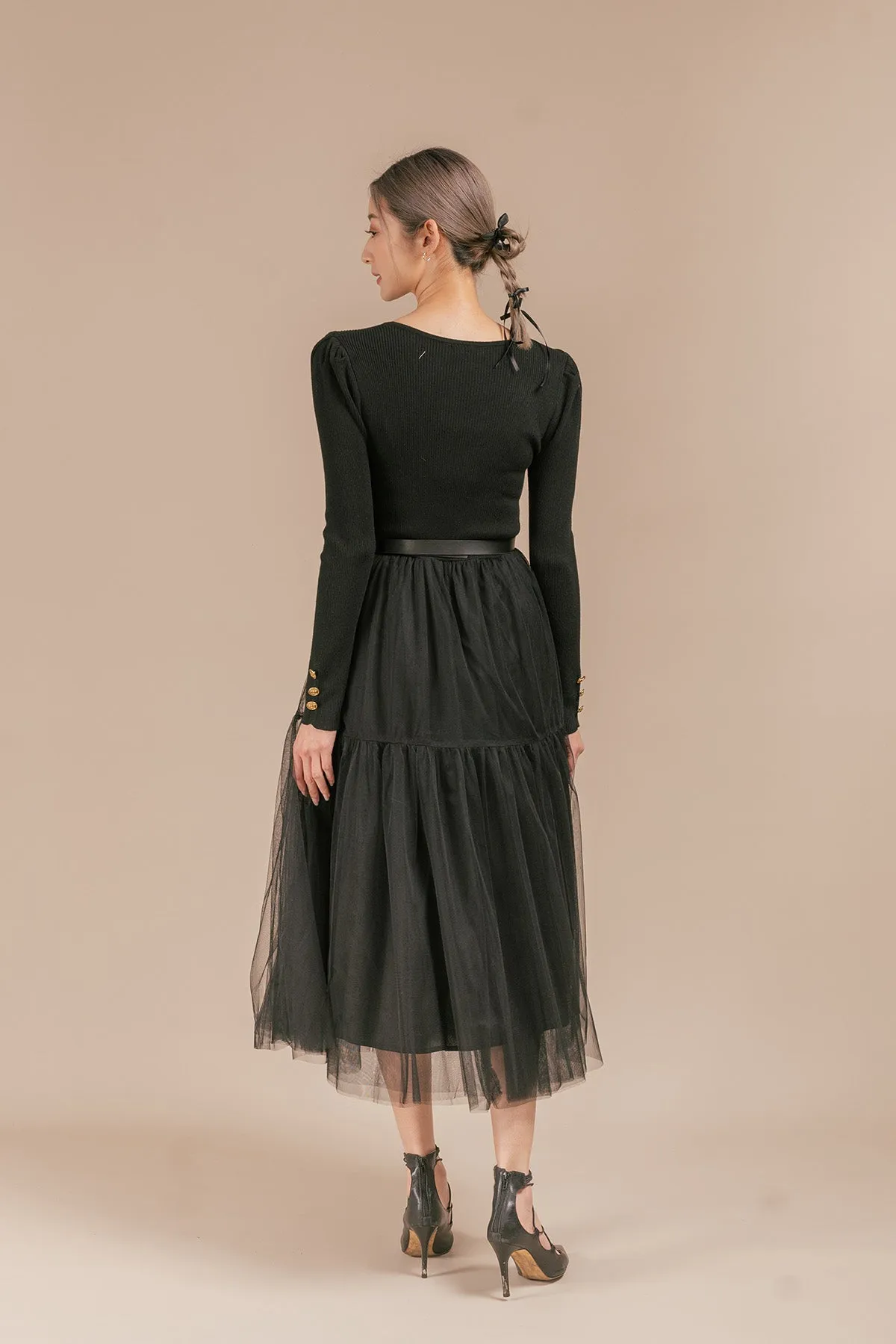 Tellitha Ribbed Tulle Belted Maxi Dress