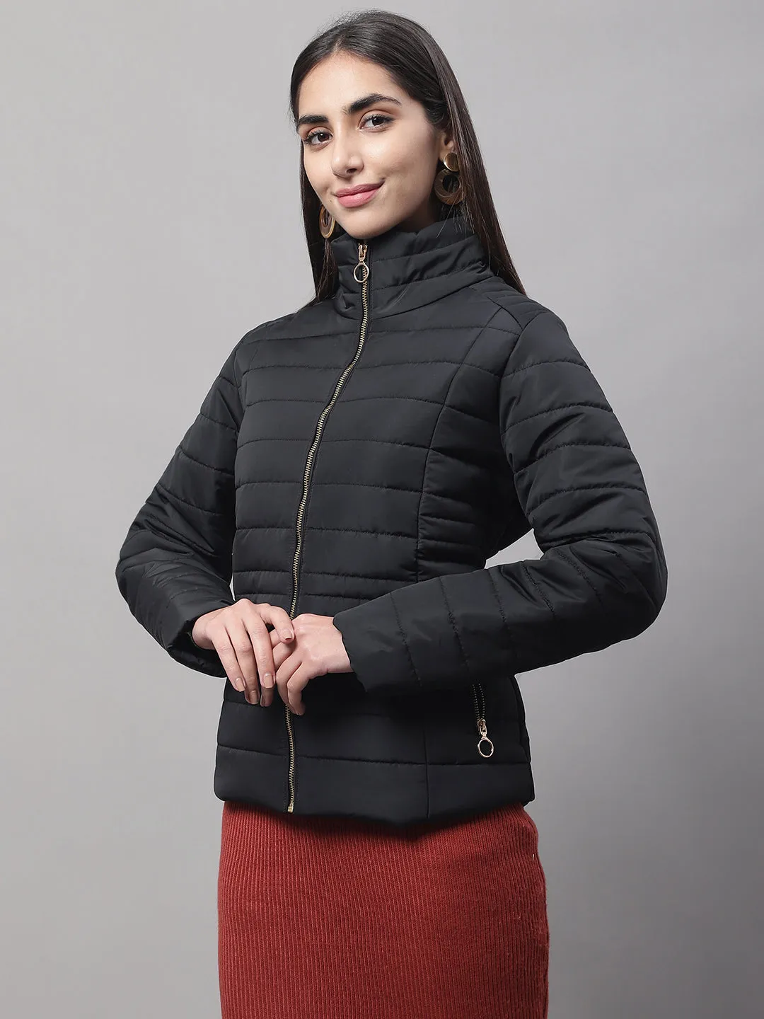 Women's Casual  Black Quilted  Bomber Jacket