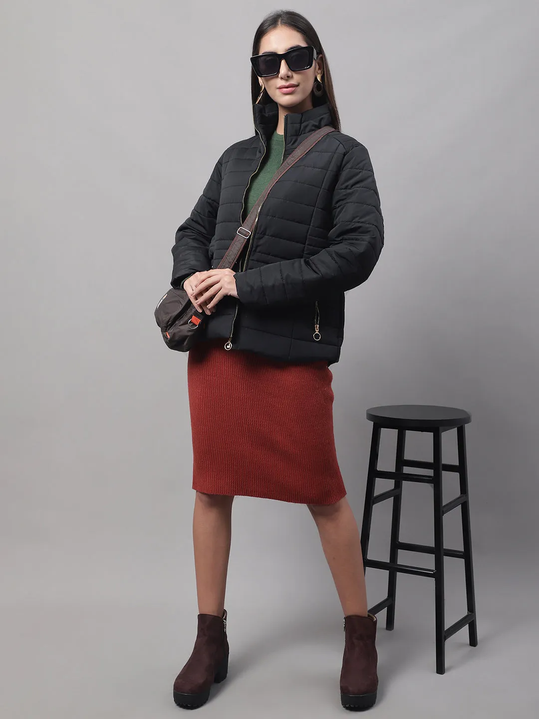 Women's Casual  Black Quilted  Bomber Jacket