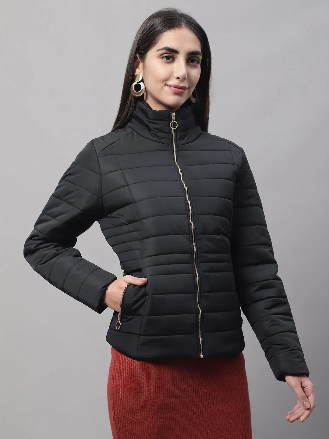 Women's Casual  Black Quilted  Bomber Jacket