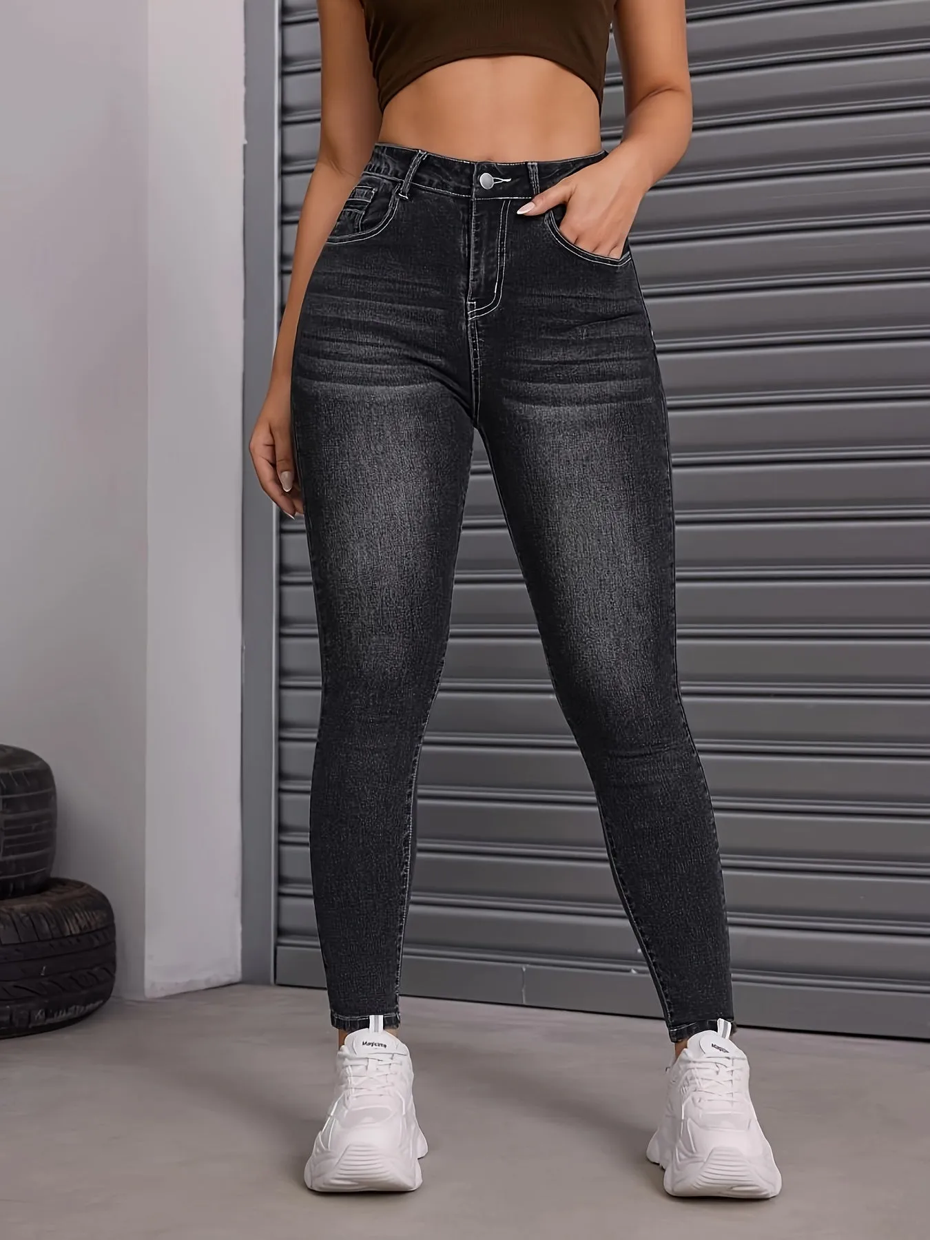 Womens High Stretch Slim Fit Skinny Jeans with Slant Pockets