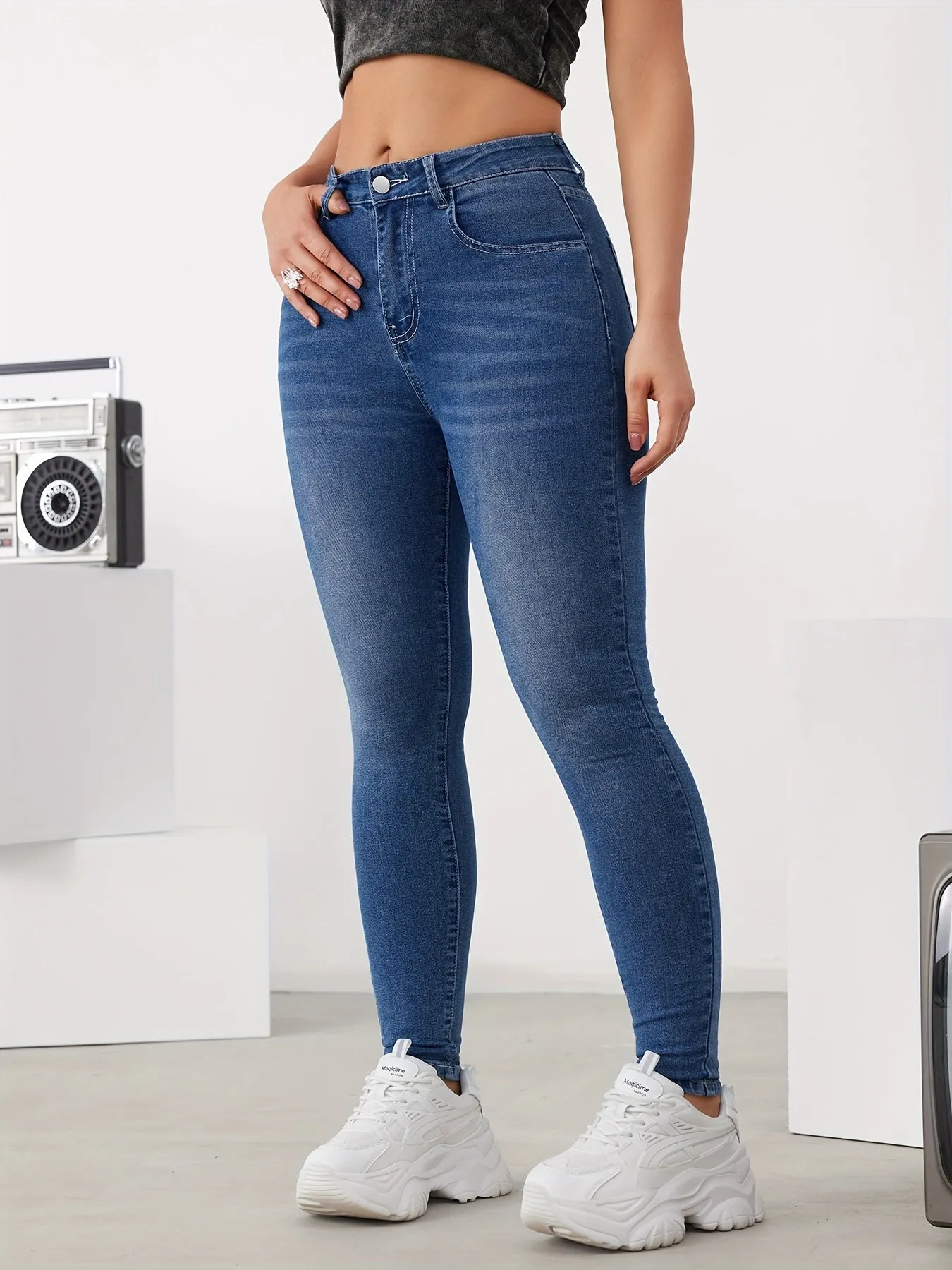 Womens High Stretch Slim Fit Skinny Jeans with Slant Pockets